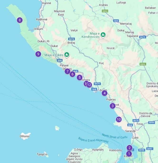 Mapa con las mejores playas de Albania