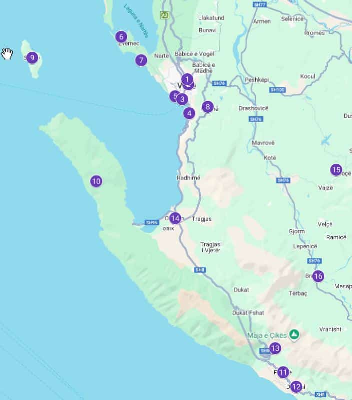 Mapa con los lugares que ver en Vlore
