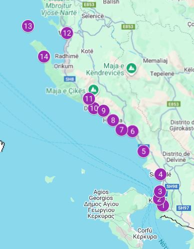 Mapa con los lugares que ver en la Riviera Albanesa