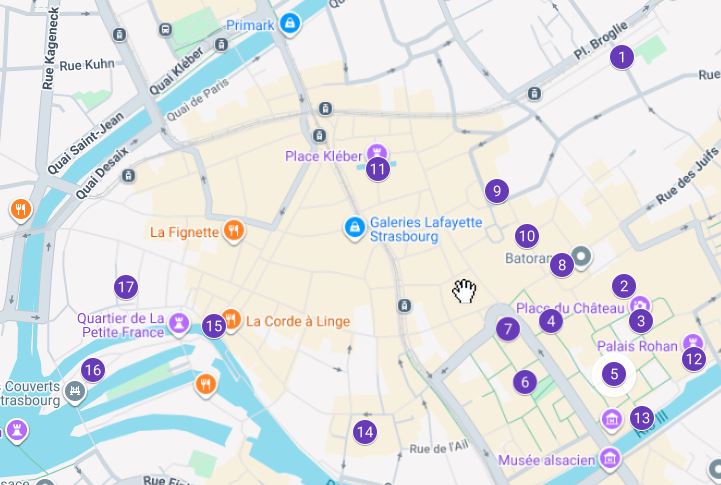 Mapa que indica los distintos mercadillos de Estrasburgo en navidad.