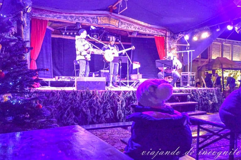 Una niña de espaldas ve un concierto durante el mercadillo navideño en el palacio Britz