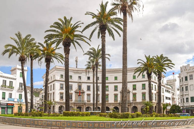 Zona central decorada con palmeras de la plaza Moulay el Mehdi en el Ensanche de Tetuán.