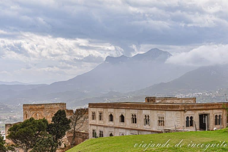 Vista de la Alcazaba desde arriba con las montañas al fondo.