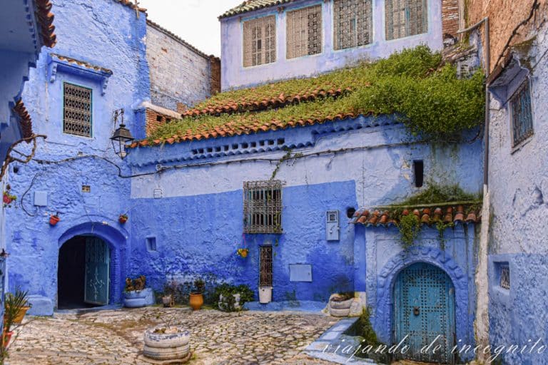 Rincón de Chefchaoauen donde se ve un patio junto a una casa con musgo en el tejado
