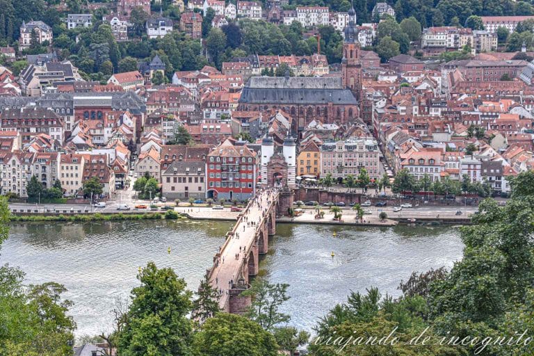 Vista del casco antiguo de Heidelberg con el Puente Viejo en primer plano desde el camino de los Filósofos.