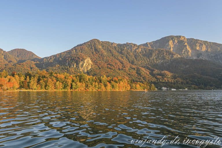 El lago Kochel en otoño visto desde una barca dentro del agua.