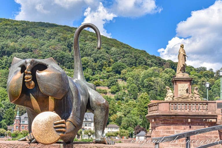 Mono del puente de Heidelberg con la estatua del Elector Karl Theodor al fondo.