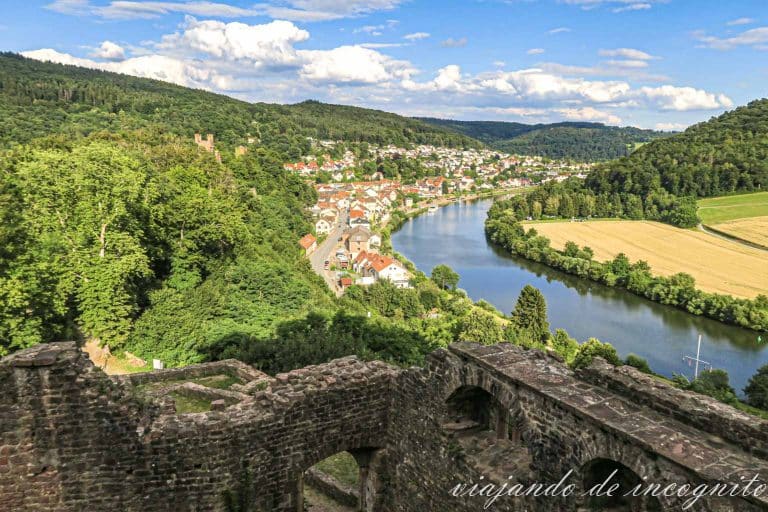 El río Neckar a su paso por Neckarsteinach visto desde las ruinas de uno de sus castillos.