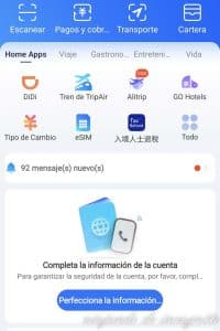 Pantallazo de la pantalla principal de Alipay