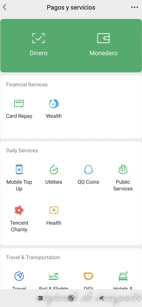Sección Pagos y Servicios en WeChat.