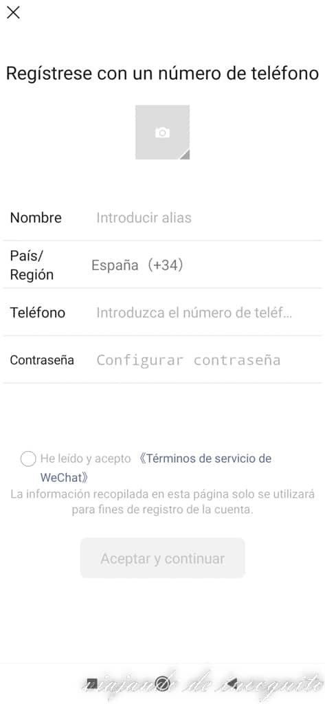 Primera página para registrarse en WeChat a través del teléfono