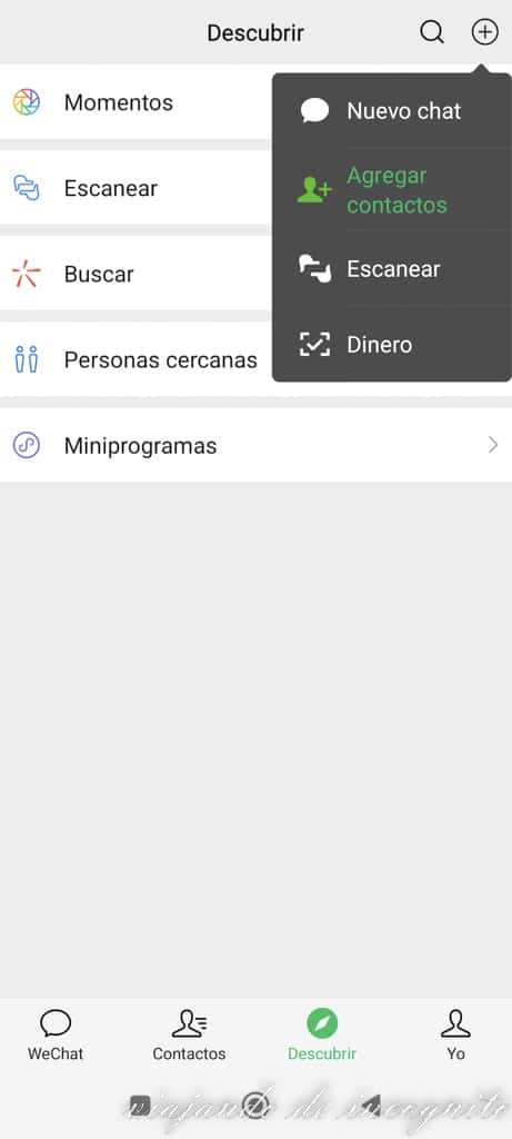 Opciones que aparecen al clicar el + en WeChat.