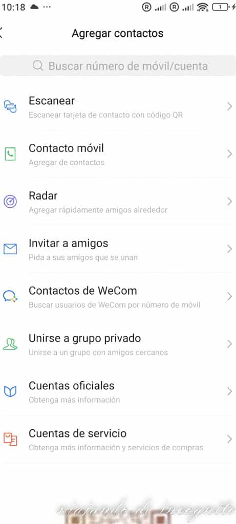 Pestaña agregar contactos en WeChat.