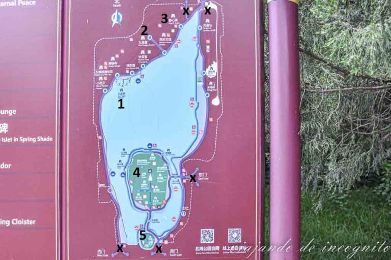 Mapa del parque Beihai, uno de los lugares que ver en Pekín.