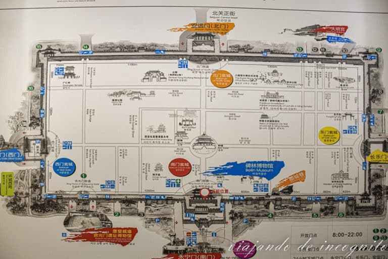 Mapa de la Muralla de Xian con los edificios relevantes de la ciudad antigua.